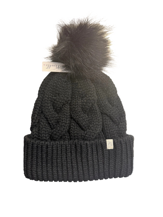 Cozy Up Cable Knit Pom Hat - Black