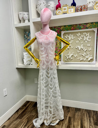 Queen of Sparkles White Lace & Sequin Sheer Midi Dress/Coverup S Queen of Sparkles White Lace & Sequin Sheer Midi Dress/Coverup S