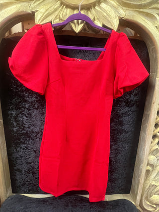 Mini Textured Red Dress W/ Puff Sleeves