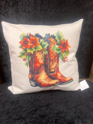 Christmas Red/Holly Cowboy Boots Square Pillow