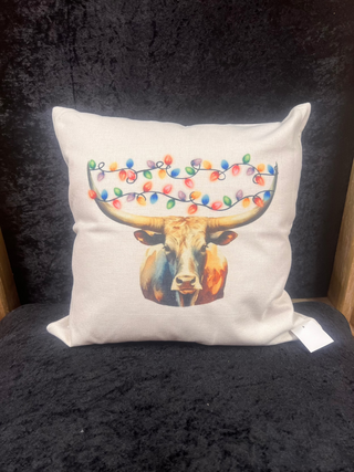 Christmas Longhorn and Lights Square Pillow