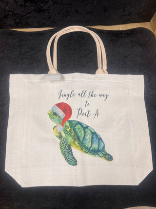 Santa Sea Turtle Canvas 18"x14.5" Tote Bag