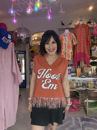 Queen of Sparkles • QOS • Licensed Texas 'Hook 'Em' Feather Bottom Tank Sweater