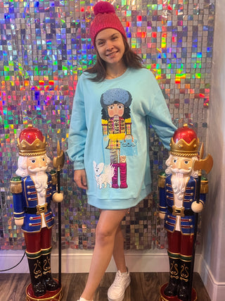 Queen of Sparkles - Bright Blue Brunette Haired Lady Nutcracker Sweatshirt Dress