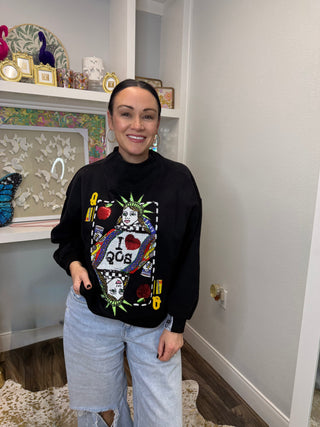 Queen of Sparkles Black NYC Queen Card Mock Neck Sweatshirt