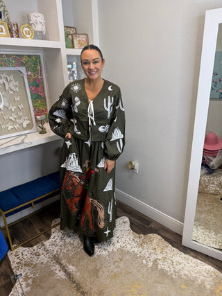 QOS  Dark Green & Ivory Western Icon Cotton Midi Skirt