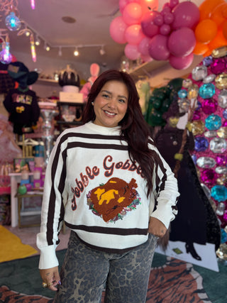 Queen of Sparkles QOS White & Brown Stripe Gobble Long Sleeve Sweater
