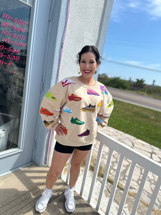 Queen of Sparkles-Beige & Multi Football Cleat Sweatshirt