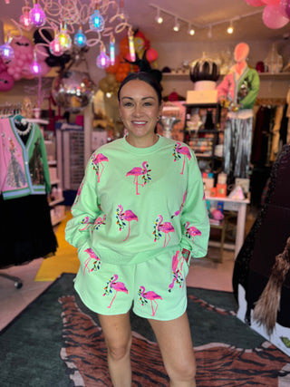 Queen of Sparkles • QOS • Mint Flamingo Wearing Christmas Light Necklace Short