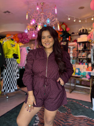 Queen of Sparkles QOS Maroon Rhinestone Long Sleeve Romper