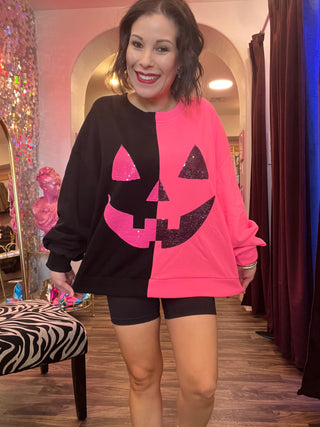 Queen of Sparkles - Black & Neon Pink Split Pumpkin Face Sweatshirt