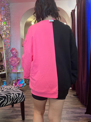 Queen of Sparkles - Black & Neon Pink Split Pumpkin Face Sweatshirt