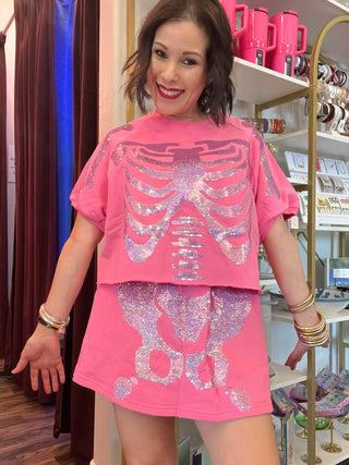 Queen of Sparkles - Pink Sequin Skeleton Short Sleeve Top