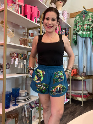 Queen of Sparkles-Teal Bass Fish Shorts