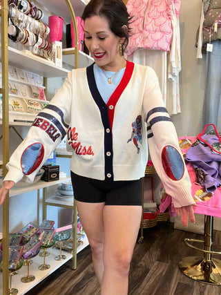 Queen of Sparkles - White, Powder Blue, Navy & Red Ole Miss Cardigan