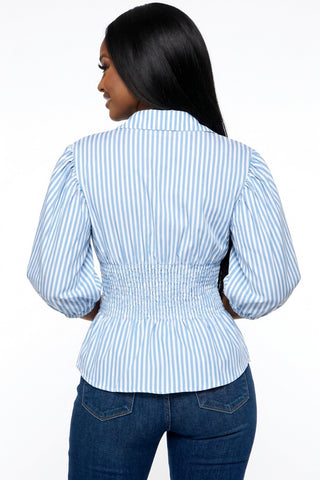 Pinstripe Puff Sleeve Top - Blue
