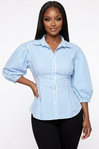 Pinstripe Puff Sleeve Top - Blue