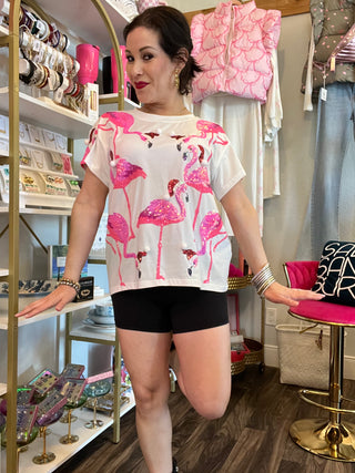 Queen of Sparkles - White Flamingos In Santa Hats - Oversized Tee