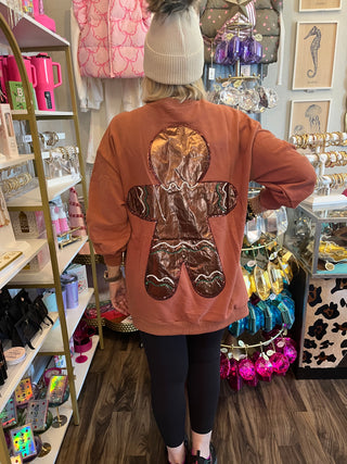 Queen of Sparkles - Brown Oversized Metallic Gingerbread Man Sweatshirt Dress