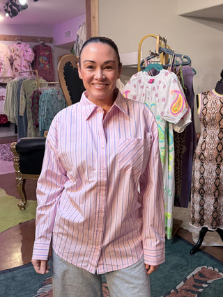 Long Sleeve Stripe Oversize Shirt - Pink-Blue Stripe