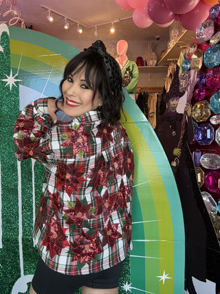 Queen of Sparkles QOS Red, Green, & White Plaid Poinsettia Cotton Shorts