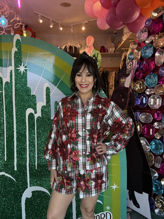 Queen of Sparkles QOS Red, Green, & White Plaid Poinsettia Cotton Shorts