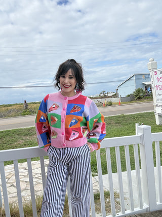 Queen of Sparkles QOS Rainbow Colorblock Piece of Pie Button Up Sweater