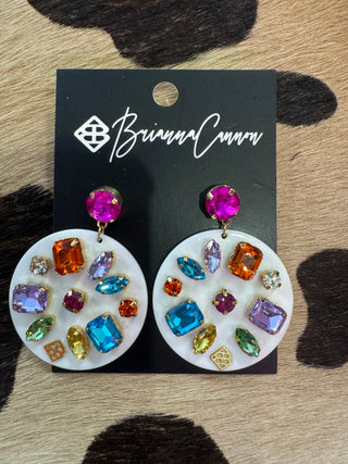 Brianna Cannon White Round Drop Earrings with Rainbow Crystals