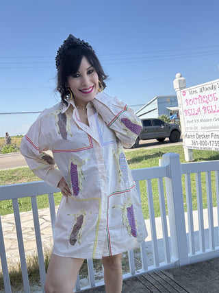 Queen of Sparkles QOS Beige Button Up Multi Corn Cotton Collar Dress