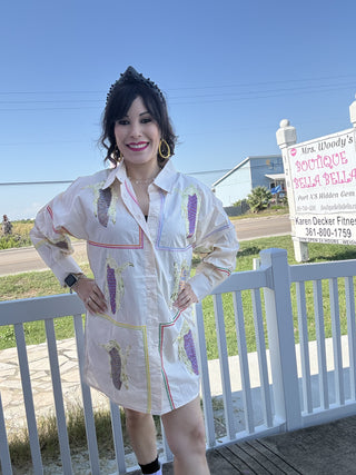 Queen of Sparkles QOS Beige Button Up Multi Corn Cotton Collar Dress