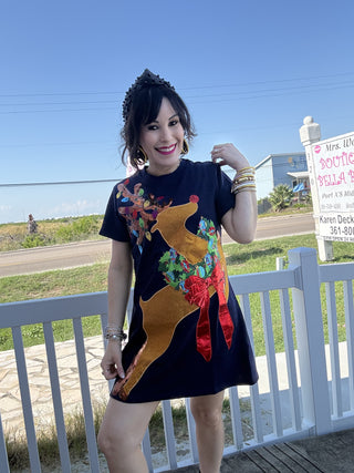 Queen of Sparkles QOS Navy Rhinestone Rudolph Wearing A Wreath Tee Dress