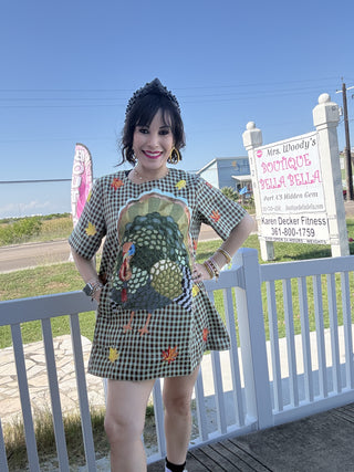 Queen of Sparkles QOS Brown Plaid Big Turkey & Leaves Short Dress