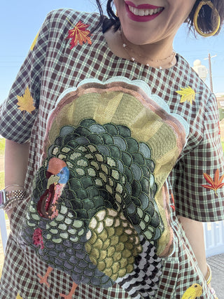 Queen of Sparkles QOS Brown Plaid Big Turkey & Leaves Short Dress