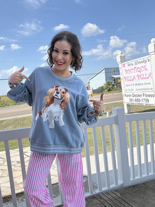 Queen of Sparkles QOS Dusty Blue King Charles Spaniel Sweatshirt