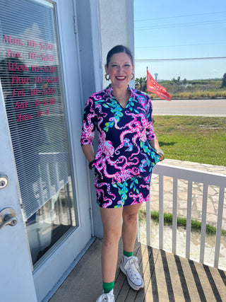 Navy Blue Quarter Sleeve Dress W/ Octopus Design