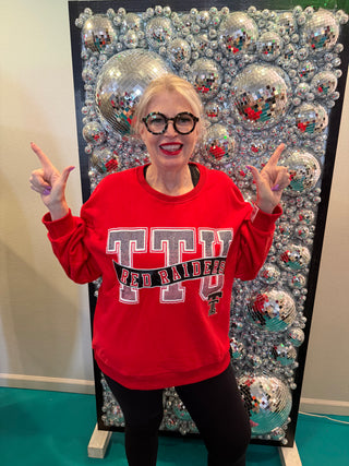 QOS Licensed Texas Tech Rhinestone Metallic Banner Sweatshirt