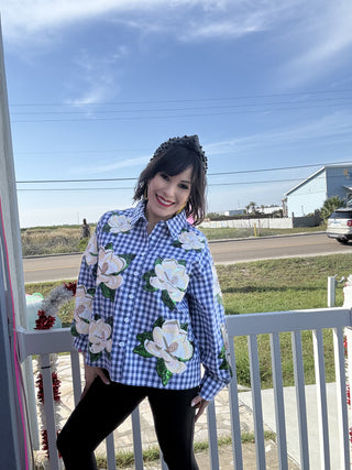 Queen of Sparkles Blue & White Checkered Scattered Magnolia Button Up Top