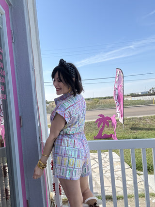 Queen of Sparkles Lavender Plaid Street Tile Zip Up Romper