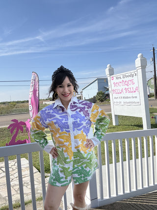 Queen of Sparkles White, Purple, Yellow, & Green Alligator Button Up Cotton Romper