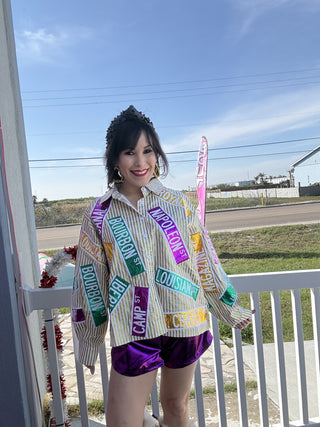 Queen of Sparkles Metallic Gold Stripe Nola Street Signs Button Up Top
