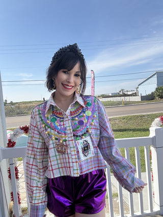 Queen of Sparkles Colorblock Plaid Mardi Gras Beads Button Up Top