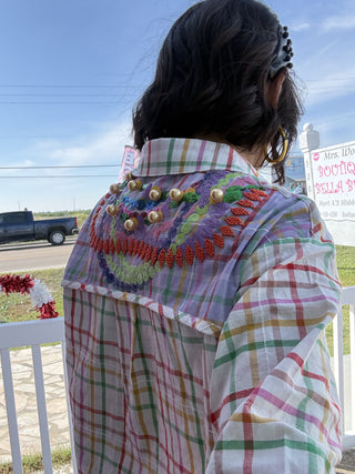 Queen of Sparkles Colorblock Plaid Mardi Gras Beads Button Up Top