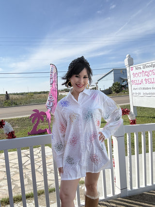 Queen of Sparkles White Multi Splatter Button Up Cotton Dress