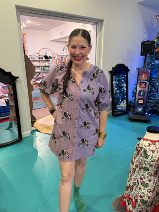 Queen of Sparkles Purple Colorblock Striped Iris Button Up Cotton Dress