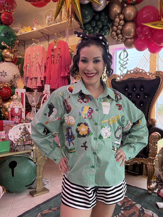 Queen of Sparkles Green & White Gingham Mardi
Gras Icon Button Up
Cotton Top