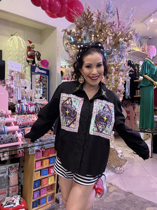 Queen of Sparkles Queen Card & Sparkle Collar Button Up Cotton Top