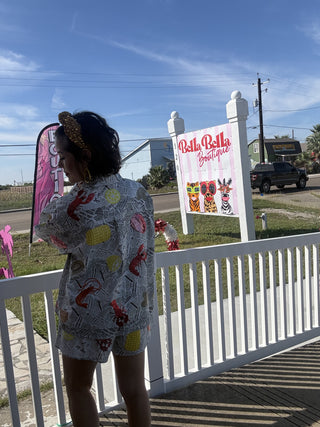 Queen of Sparkles Black & White Seafood on Newspaper Shorts