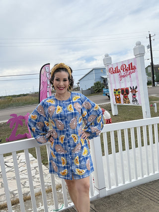 Queen of Sparkles Blue & White Plaid Oyster & Lemons Button Up Dress