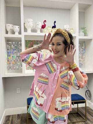 Queen of Sparkles Colorblock Gingham Rainbow Birthday Cake Button Up Top