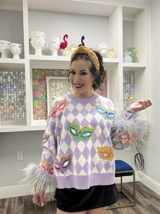 Queen of Sparkles Lavender & White Diamond Print Multi Mask Feather Sleeve Sweater